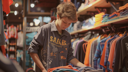 A teen browses colorful clothes in a bustling store, celebrating youth and independenceの素材