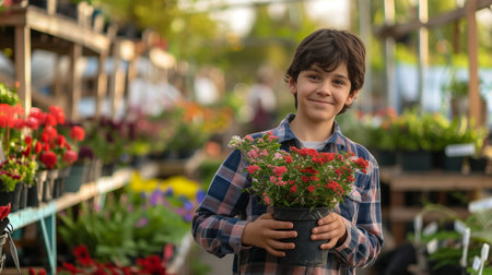 A cheerful teenager holds colorful flowers while working at a nursery full of plantsの素材