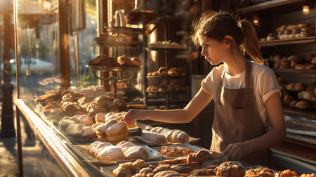 Young girl in an apron serves pastries in a bakery while enjoying her evening work shiftの素材