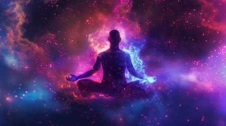 A figure meditating in cosmic space embodies the fusion of biotechnology and genetic evolutionの素材