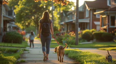 A teenager walks her dog along a tree-lined street with houses in the background as the sun setsの素材
