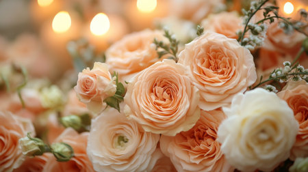An Exquisite Arrangement of Delicate Soft Peach Roses and Pure White Blooms is Beautifully Accentuated by the Warm Glow of Candlelight, All Crafted With the Help of Generative AIの素材