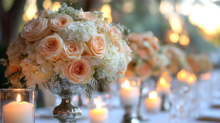 Beautiful Floral Arrangements With Roses and Hydrangeas Decorate a Table at Sunset in an Outdoor Setting Generative AIの素材