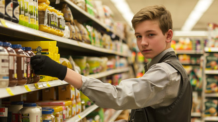 A young adolescent is stocking shelves at a grocery store, showcasing a sense of responsibilityの素材