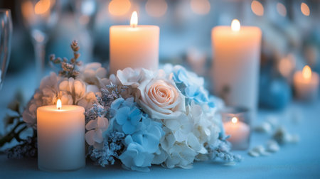 Decorative Floral Arrangement With Candles at an Elegant Evening Event in a Softly Lit Setting Generative AIの素材