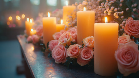 Beautiful Arrangement of Candles and Pink Roses at a Serene Celebration in a Softly Lit Venue During the Evening Generative AIの素材