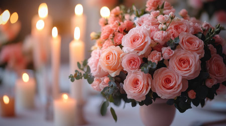 Beautiful Floral Arrangement Adorned With Pink Roses and Candles for a Romantic Event During Evening Celebration Generative AIの素材