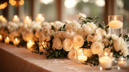 Beautiful White Floral Arrangement With Candles on Elegant Table at a Romantic Event in a Softly Lit Venue During Evening Generative AIの素材