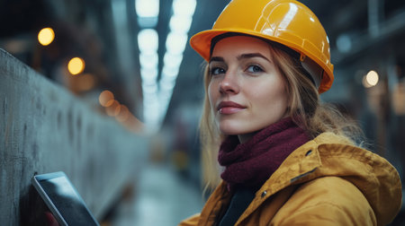 Professional Woman in Hard Hat Using Tablet in Construction Site for Mining and Excavation Project in Modern Industrial Facility Generative AIの素材