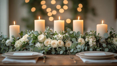 Elegant Floral Arrangement With Candles Illuminating a Beautifully Set Dining Table in a Cozy Venue Generative AIの素材