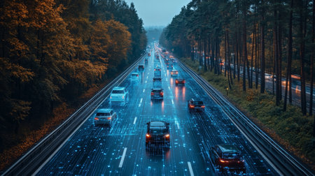 Modern Transportation Infrastructure Integrates Smart Technology for Enhanced Mobility and Connectivity on Highways Surrounded by Greenery Generative AIの素材