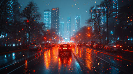 Urban Transport at Night With Illuminated Cityscape and Reflections on Wet Roads Showcasing Advanced Logistics and Connectivity Technologies Generative AIの素材
