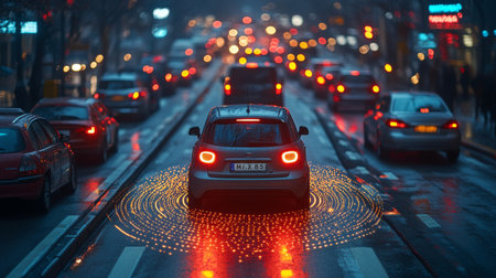 Innovative Logistics Technology Enhances Urban Mobility With Autonomous Vehicles on Smart Roads During a Rainy Evening Generative AIの素材