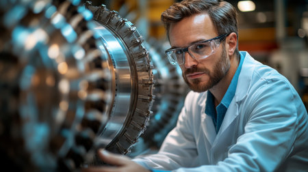 Expert Engineer Analyzing Advanced Aerospace Turbine in Precision Workshop During Daylight Hours Generative AIの素材