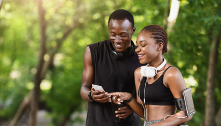 Excited Black Couple Checking Burned Callories After Training Outdoors With Smartphone Appの写真素材