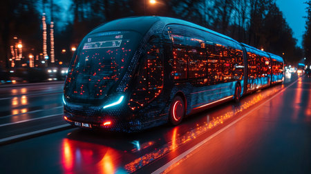 Innovative Autonomous Bus Showcases Advanced Connectivity and Mobility on Smart Road During Evening Rush Hour Generative AIの素材