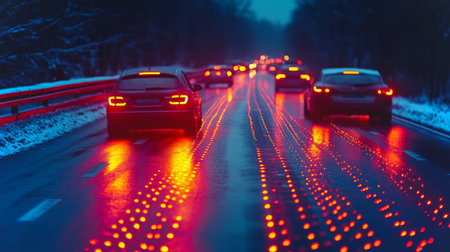 Modern Transportation on a Wet Smart Road With Vehicles Illuminated by Vibrant Tail Lights During Twilight Generative AIの素材