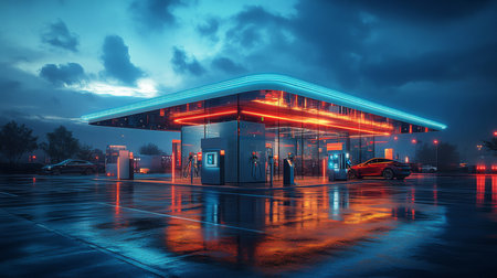 Futuristic Electric Vehicle Charging Station Illuminated at Dusk Showcasing Renewable Energy Solutions Generative AIの素材
