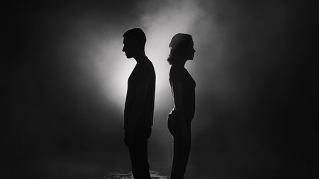 Two people stand back to back, symbolizing conflict and tension in search of resolutionの素材
