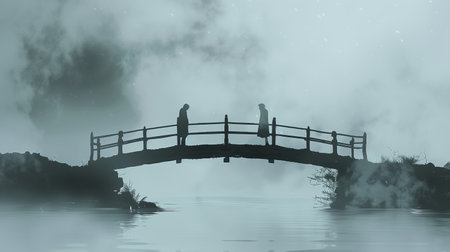 Two figures stand on a misty bridge, embodying tension and hope for reconciliationの素材