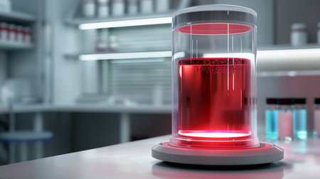 Advanced synthetic blood is illuminated in a modern lab, showcasing innovations in nano medicineの素材