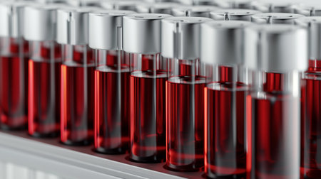 Rows of vials containing vibrant synthetic blood designed for medical transfusions and treatmentsの素材