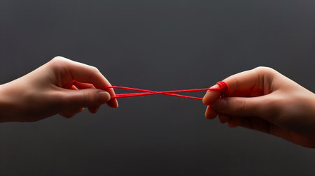 Two hands grasp a red string, illustrating tension and the potential for reconciliationの素材