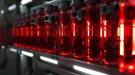 Red-colored synthetic blood samples are stored in vials within a futuristic medical laboratoryの素材