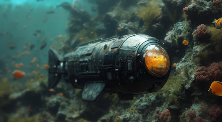 Exploration robot submarine dives deep into the vibrant ocean environment Generative AIの素材