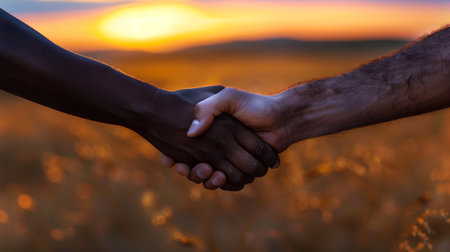 Two hands unite during sunset, representing a moment of peace after disagreement and tensionの素材
