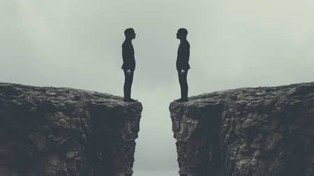 Two figures on cliffs face each other, symbolizing tension against a cloudy backdropの素材