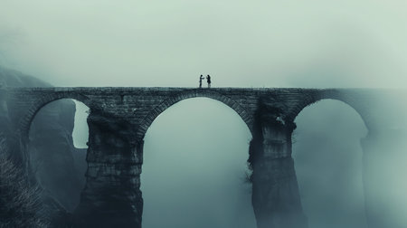 Two figures on a foggy stone bridge embody tension and potential reconciliationの素材