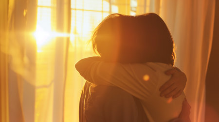 Two people embrace warmly in sunlight, symbolizing reconciliation after tensionの素材