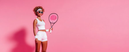 Sporty woman ready to play tennis against a vibrant pink background Generative AIの素材