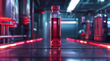 A futuristic lab displays a synthetic blood bottle, showcasing nanomedicine advancementsの素材