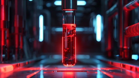 A glowing test tube with synthetic blood is placed in a high-tech laboratory, showcasing innovationの素材