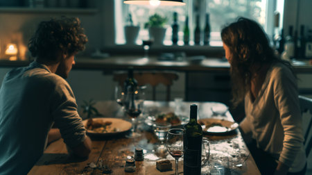 Two individuals sit apart at a table, surrounded by unfinished dinner and wine, showing tensionの素材