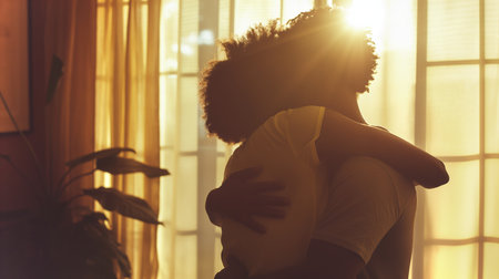 Two people embrace warmly, resolving their conflict in soft sunlight and shadowsの素材