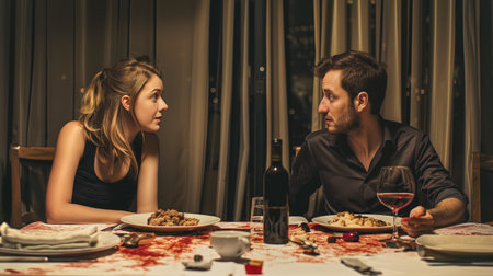 Two people are having a heated argument at a dinner table, showing conflict and tensionの素材