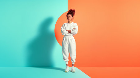 Woman in sporty outfit stands confidently against pastel backdrop in creative pose Generative AIの素材