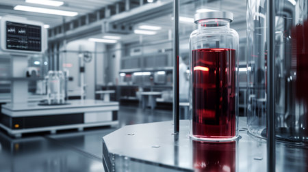 Red liquid in a glass vial sits prominently on a lab bench in a modern medical facilityの素材