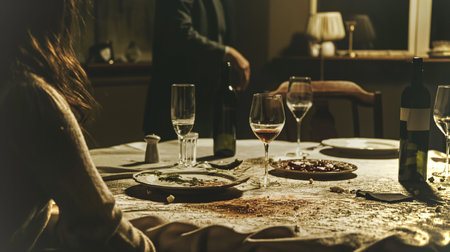 A table set for dinner shows signs of disagreement as food remains untouched and glasses are filledの素材