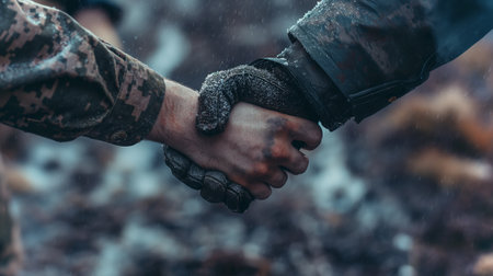 Two individuals grasp hands firmly, signaling reconciliation amidst conflictの素材
