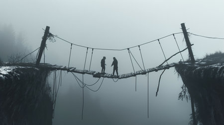 Two figures stand on a fragile bridge shrouded in fog, symbolizing tension and misunderstandingの素材