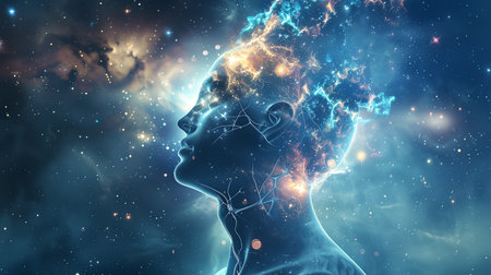 A human figure symbolizes the fusion of DNA and cosmic elements, sparking thoughts on existenceの素材