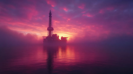 A Stunning, Vibrant Sunset Casts Brilliant Hues Over an Offshore Drilling Platform, Beautifully Reflecting on the Serene Waters at Dusk, Captured Through Generative AIの素材