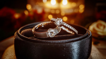 Elegant Engagement Ring and Wedding Band Display on Satin Fabric With Candlelight in the Background, Perfect for Romantic Occasions and Celebrations of Love Generative AIの素材