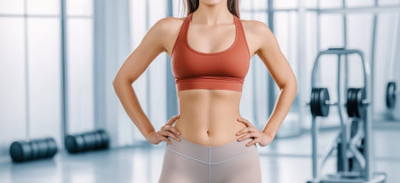 Woman in stylish athletic wear stands confidently in a bright gym Generative AIの素材
