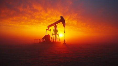 Oil Pump Jack Silhouetted Against a Vibrant Sunset Over a Drilling Site With Clouds and Mist in the Surrounding Area Generative AIの素材