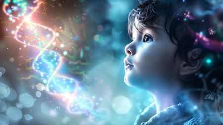 A child gazes intently at a glowing dna strand, embodying the future of biotech and human evolutionの素材